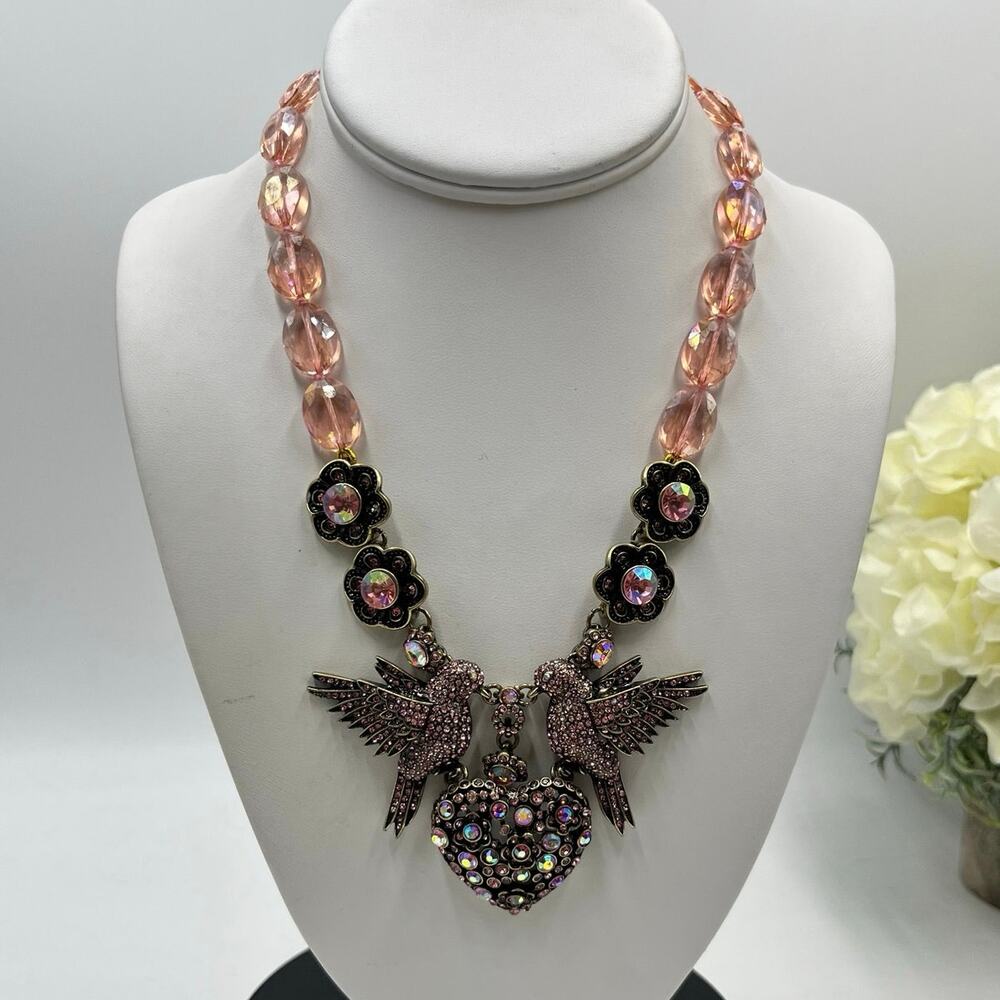 Designer‎ Pink AB Crystal Pink Love Bird Heart Rhinestone Statement Necklace